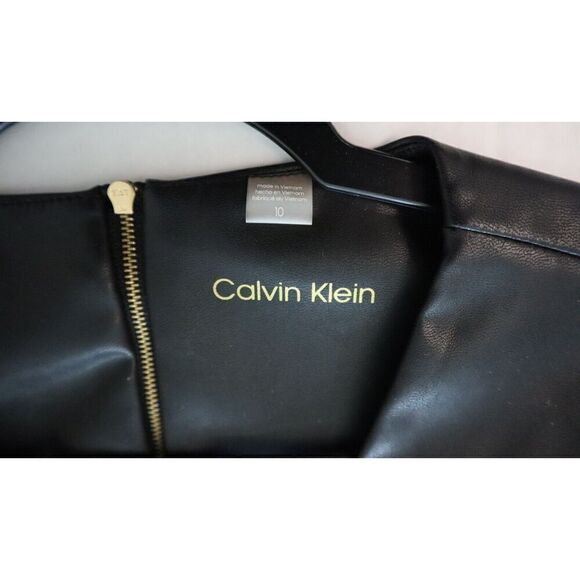 Calvin Klein Women Sz 10 Black PU Leather Sheath Dress w/Gold Waist Detail - Picture 3 of 13
